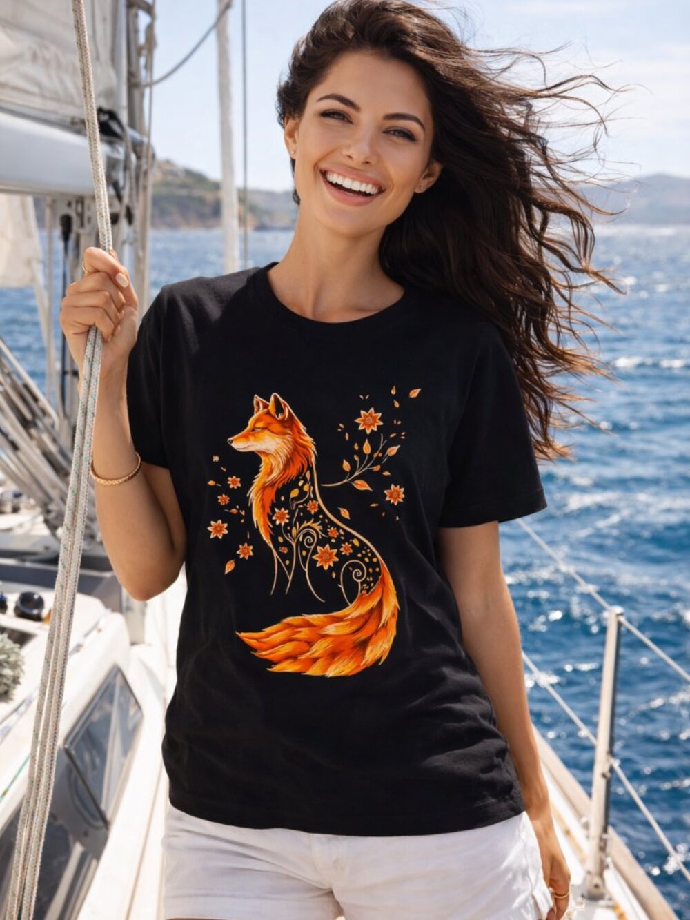 Floral Fox Graphic Tee – Artistic Cotton T-Shirt Black – Size [S/M/L/XL] NEW - Picture 11 of 11